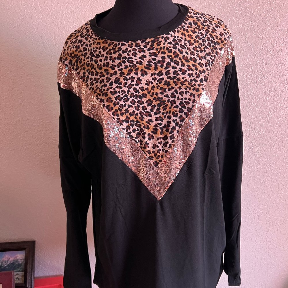 Leopard and Sequin Long Sleeve Top